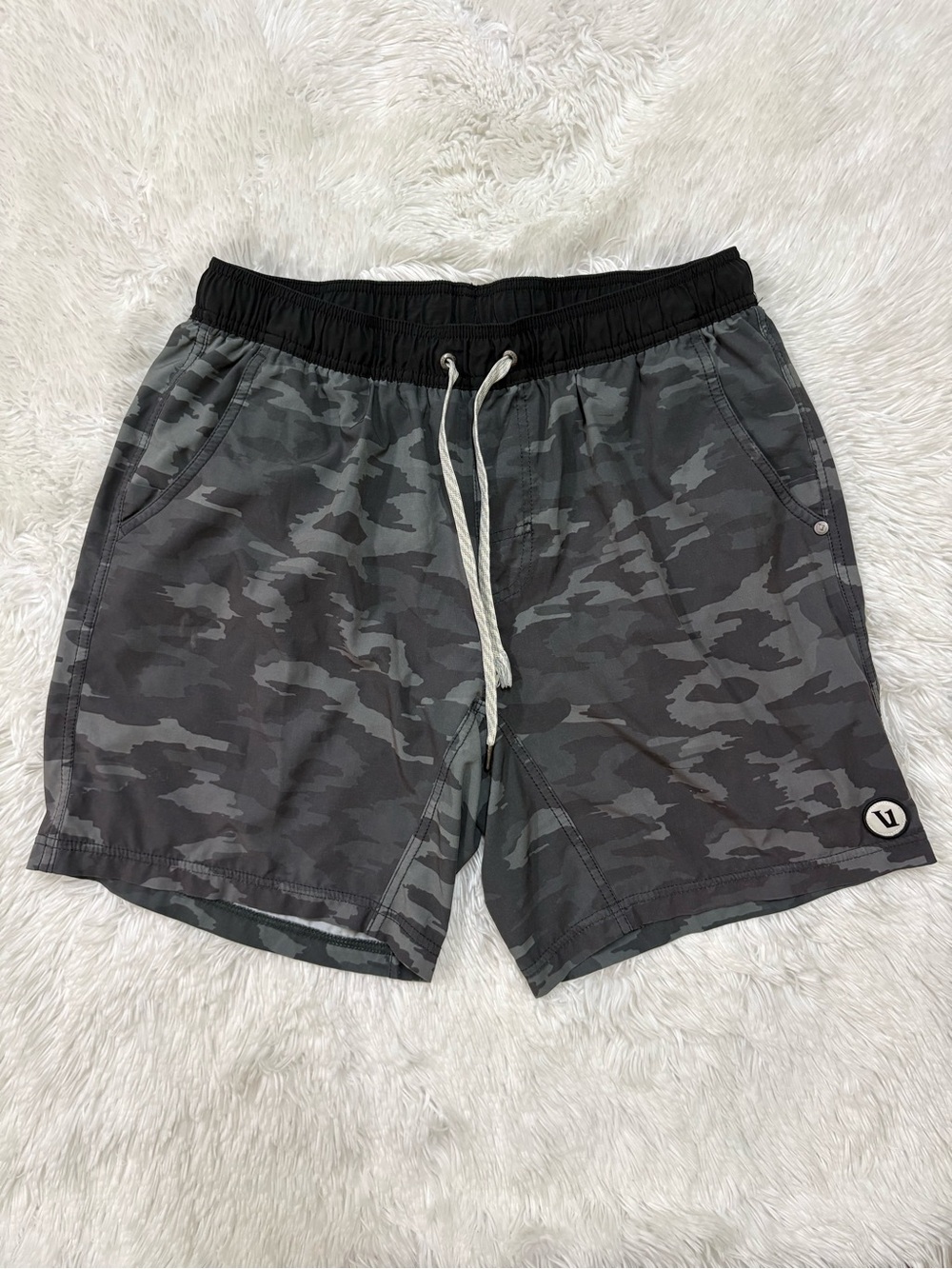 Vuori Men's Gray Camo Athletic Shorts with Black Waistband